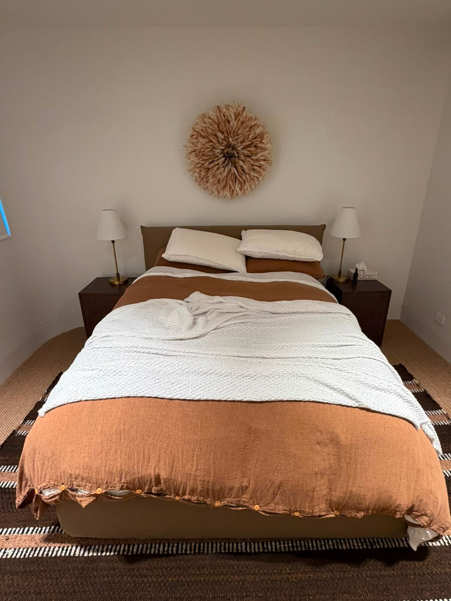 King Living Jasper Queen Bed Frame Beige Upholstered - Image 3
