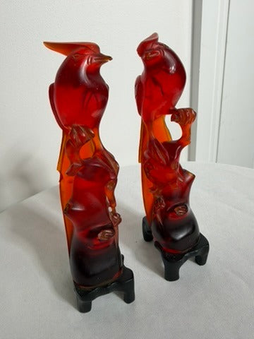 Vintage Chinese Carved Red Resin Parrot Figurines - Pair on Stands - Image 3