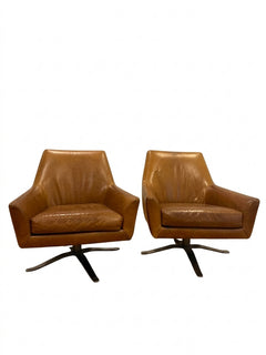 West Elm Mid-Century Show Wood Swivel Chairs Tan Leather Pair - Image 1