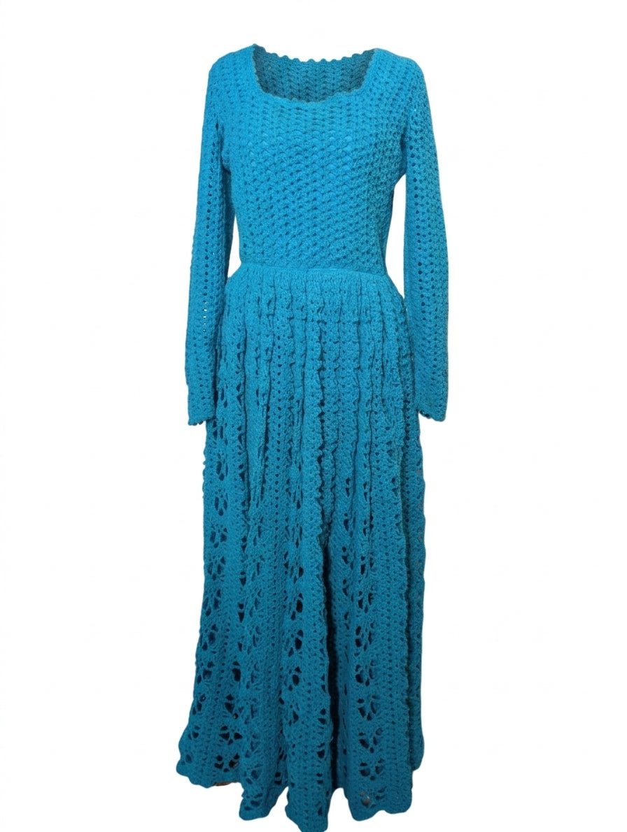 Vintage Handmade Crochet Maxi Dress - Vibrant Blue Long Sleeve - Image 1