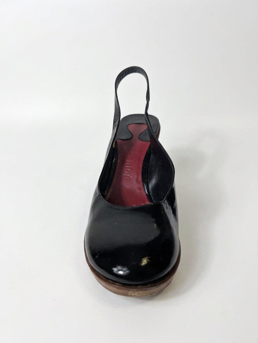 Chloé Black Patent Slingback Wedges EU38 - Image 4