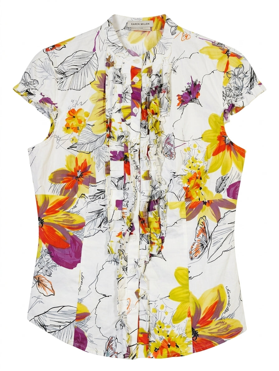 Karen Millen Floral Ruffle Front Blouse Multi-colour