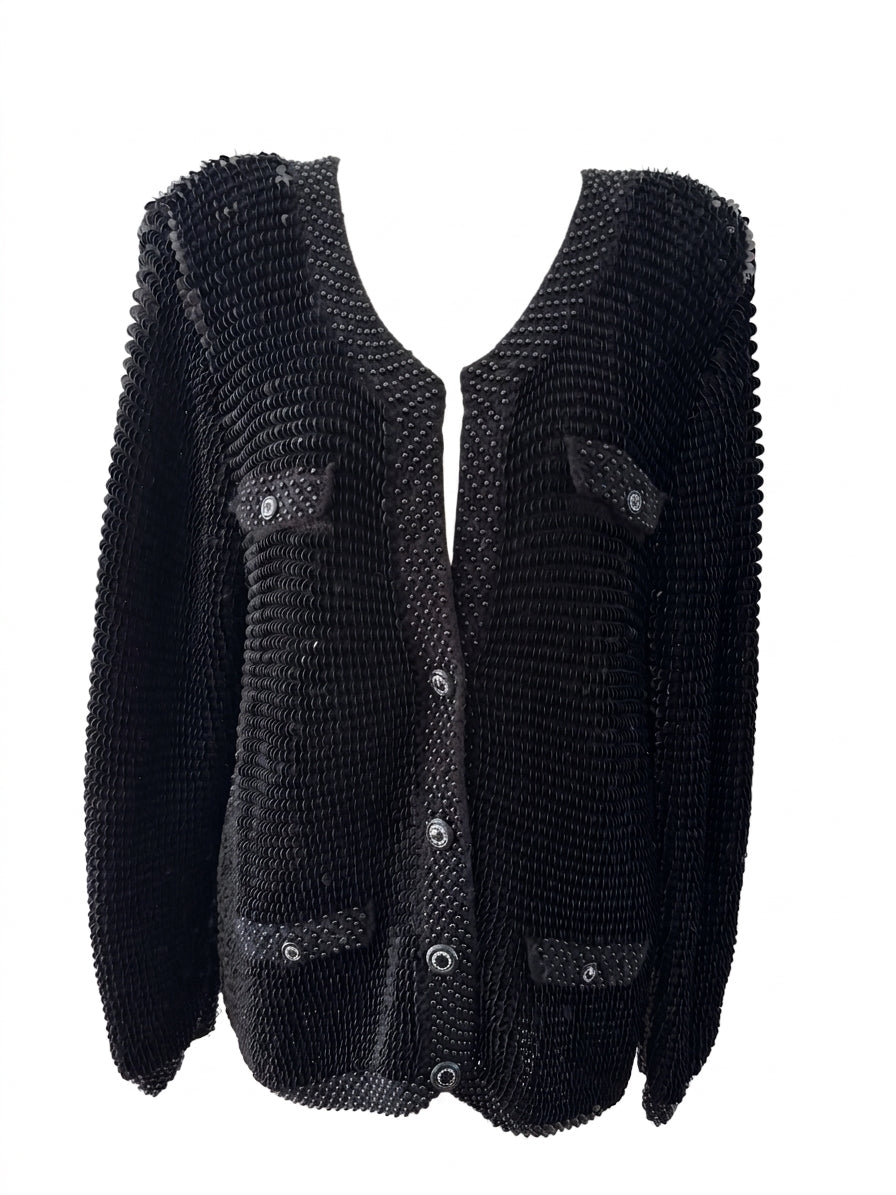 Champaign Vintage Black Sequin Cardigan Jacket - Embellished Knit - Image 1