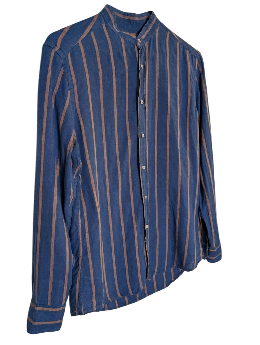 Bastonchino Men's Blue & Tan Striped Linen Mandarin Collar Shirt - Image 1