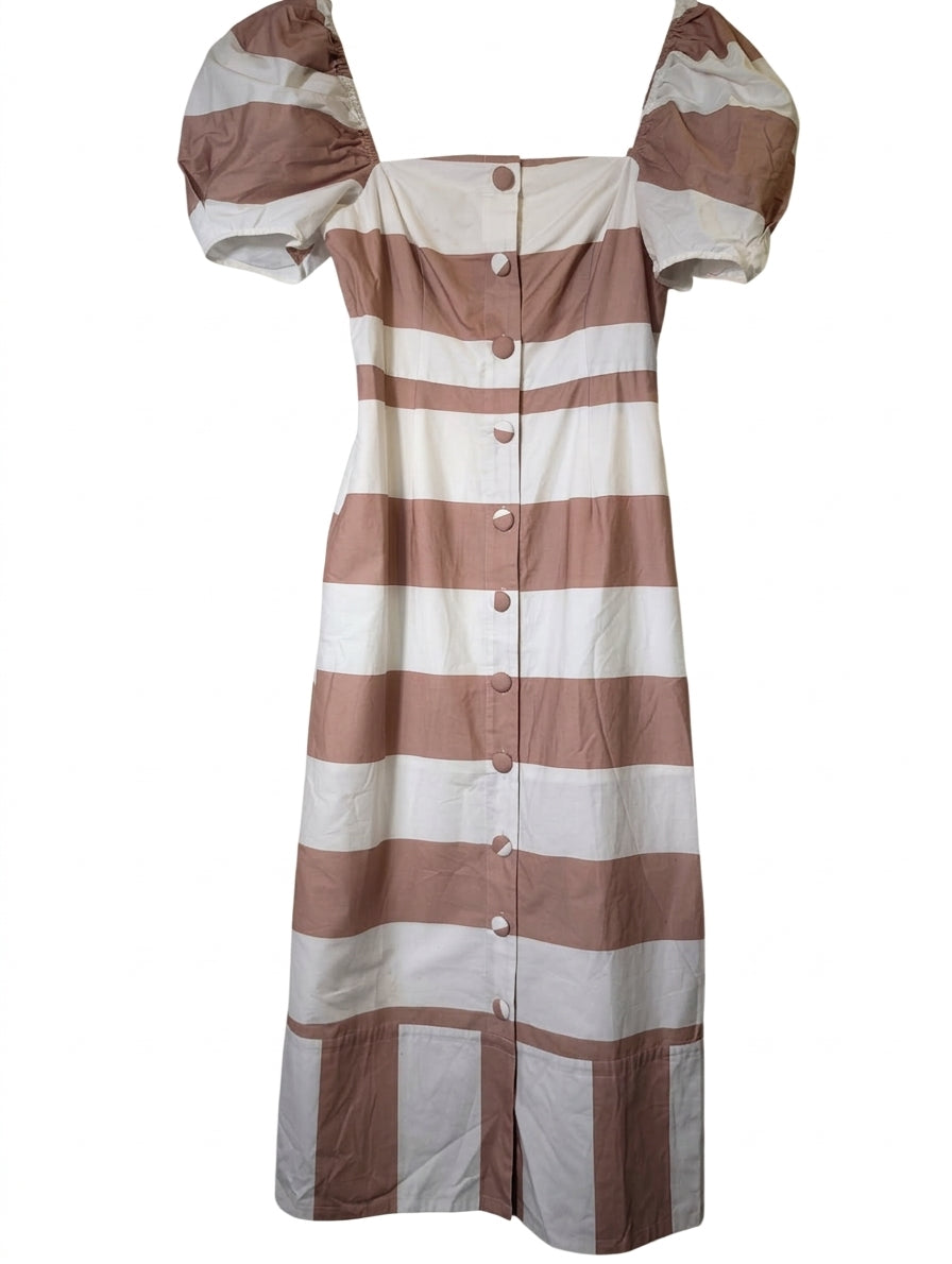 Alice McCall Striped Puff Sleeve Midi Dress Brown and White