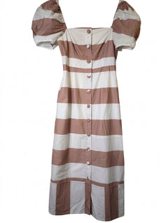 Alice McCall Striped Puff Sleeve Midi Dress Brown and White - Image 1