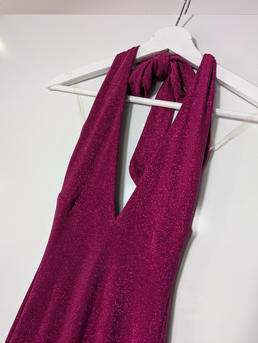 Nookie Glitter Halter Neck Maxi Dress Magenta Size S - Image 2
