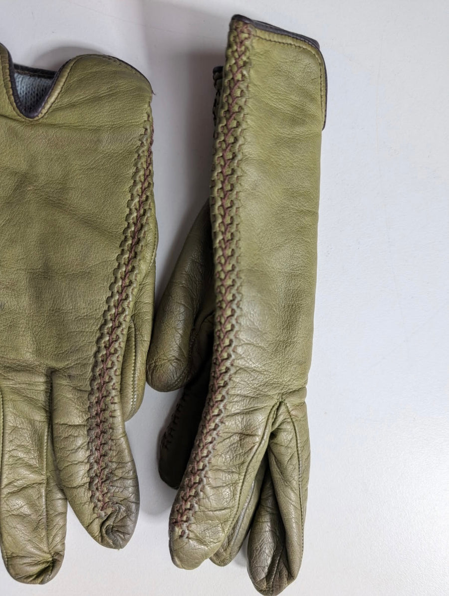 Vintage Military Issue Leather Gloves Olive Green - Image 3