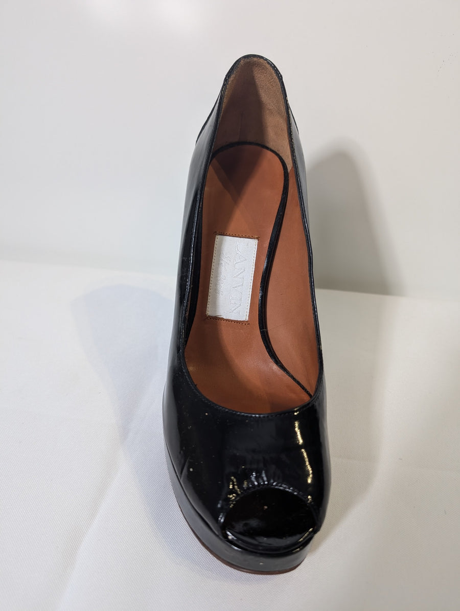 Lanvin Patent Leather Peep Toe Platform Pumps Black Size 39 - Image 2