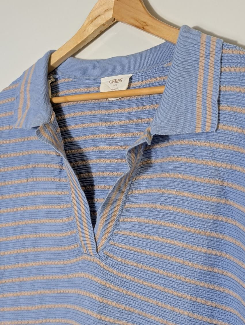Ceres Life Striped Knit Polo Shirt - Blue & Beige Short Sleeve - Image 6
