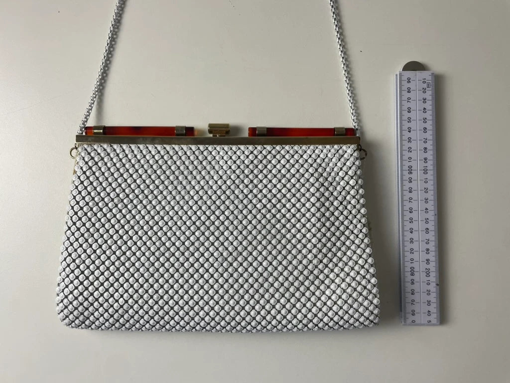 White Metal Mesh Evening Handbag with Gold-Tone Frame - Image 6