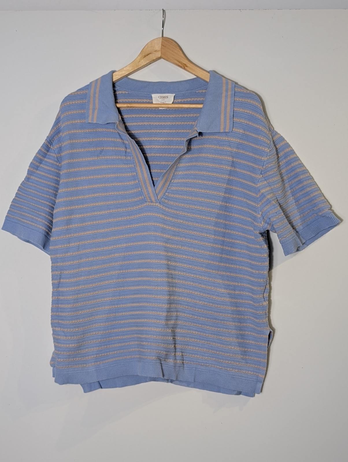Ceres Life Striped Knit Polo Shirt - Blue & Beige Short Sleeve - Image 7