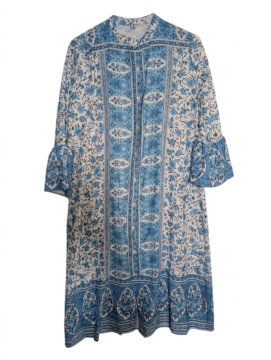 Misslook Blue & White Floral Button-Down Midi Dress With Bell Sleeves - Image 1