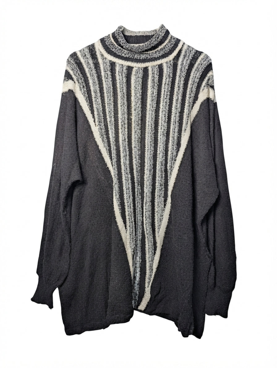 Vivian Chan Shaw Mock Neck Striped Knit Sweater Black Grey - Image 1
