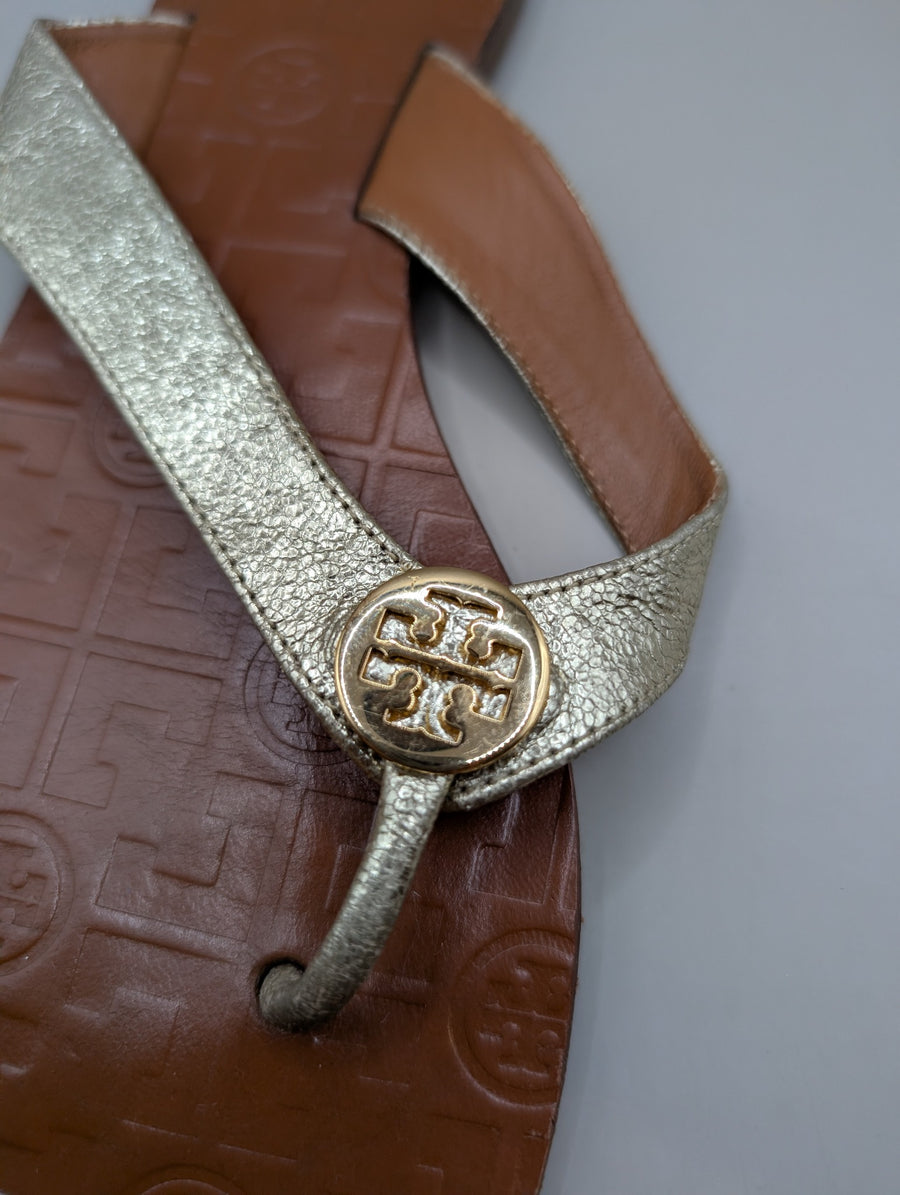 Tory Burch Miller Sandals Gold and Tan Leather US 9M - Image 5