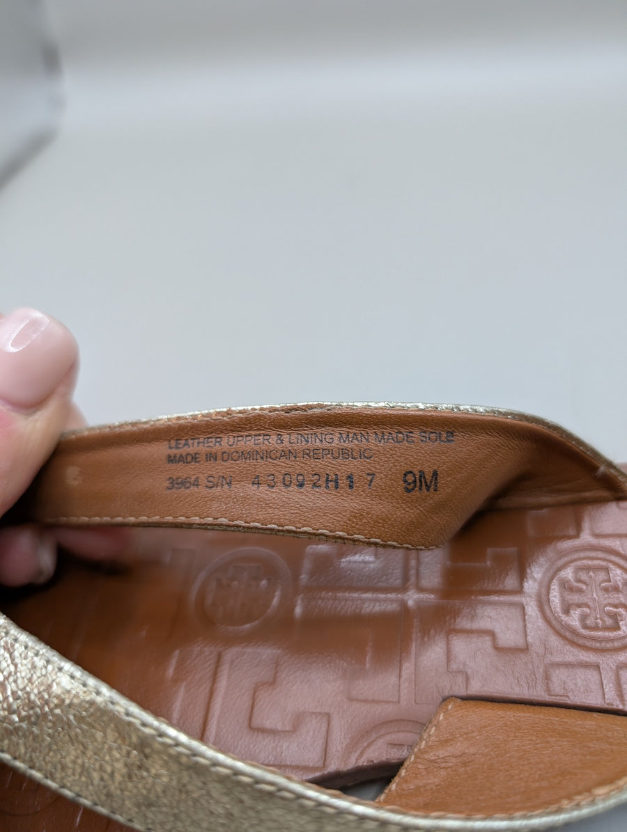 Tory Burch Miller Sandals Gold and Tan Leather US 9M - Image 7