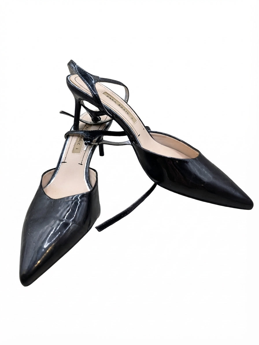 Zara Basic Patent Pointed Toe Slingback Heels Black EU 41