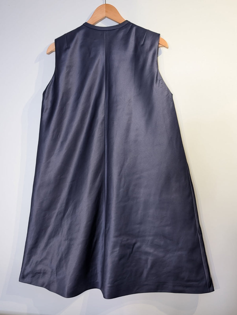 Vintage Sleeveless Button-Front Satin Tunic Vest - Navy Blue - Image 3