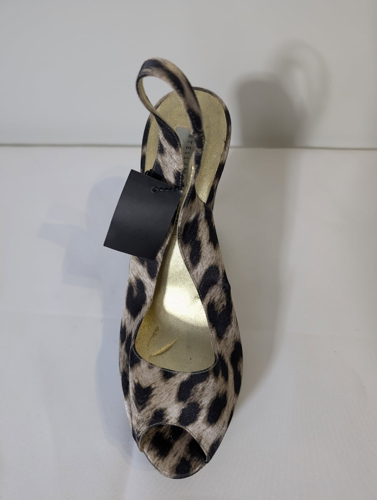 Stella McCartney Leopard Print Satin Peep Toe Wedge Sandals - Image 5