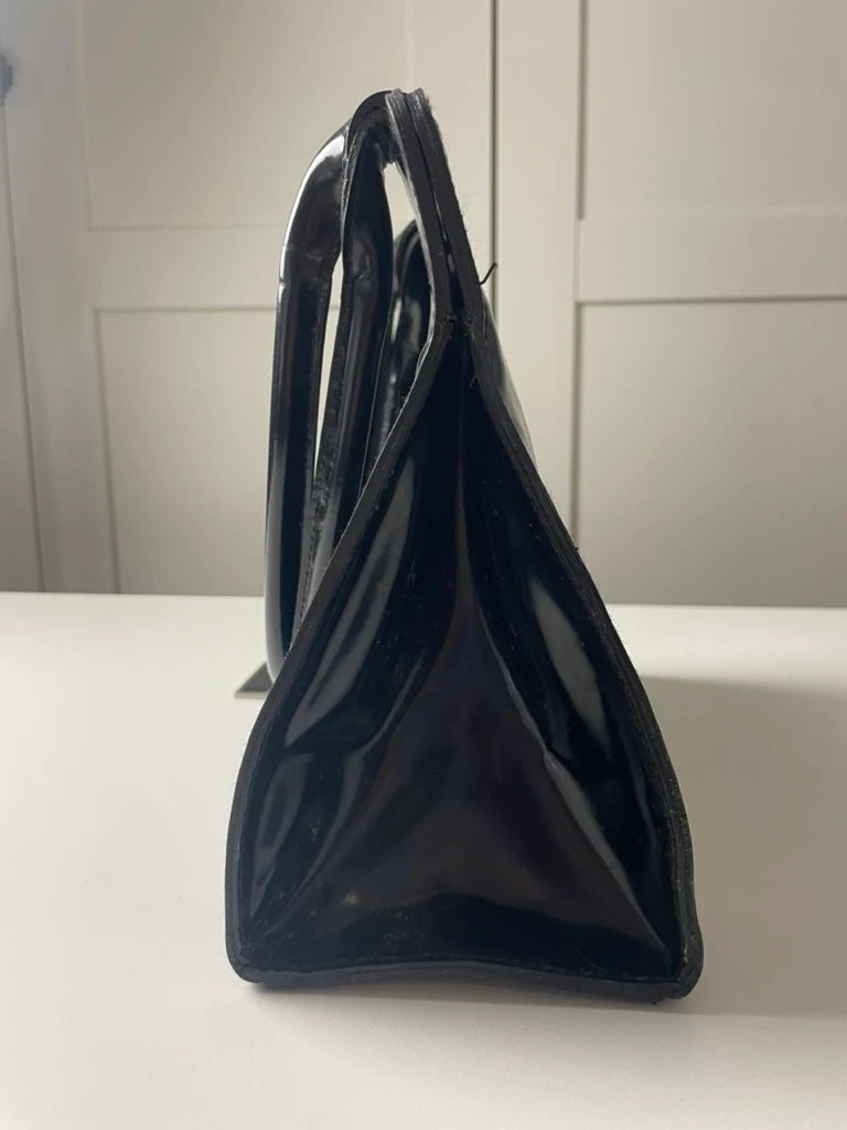DKNY Black Patent Leather Structured Trapezoid Handbag - Image 2