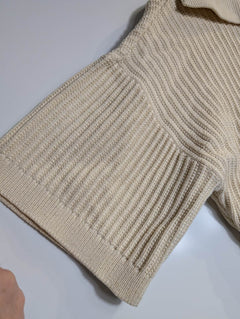 Oroton Ribbed Knit Lace-Up Polo Top Cream Women's Size S - Image 5