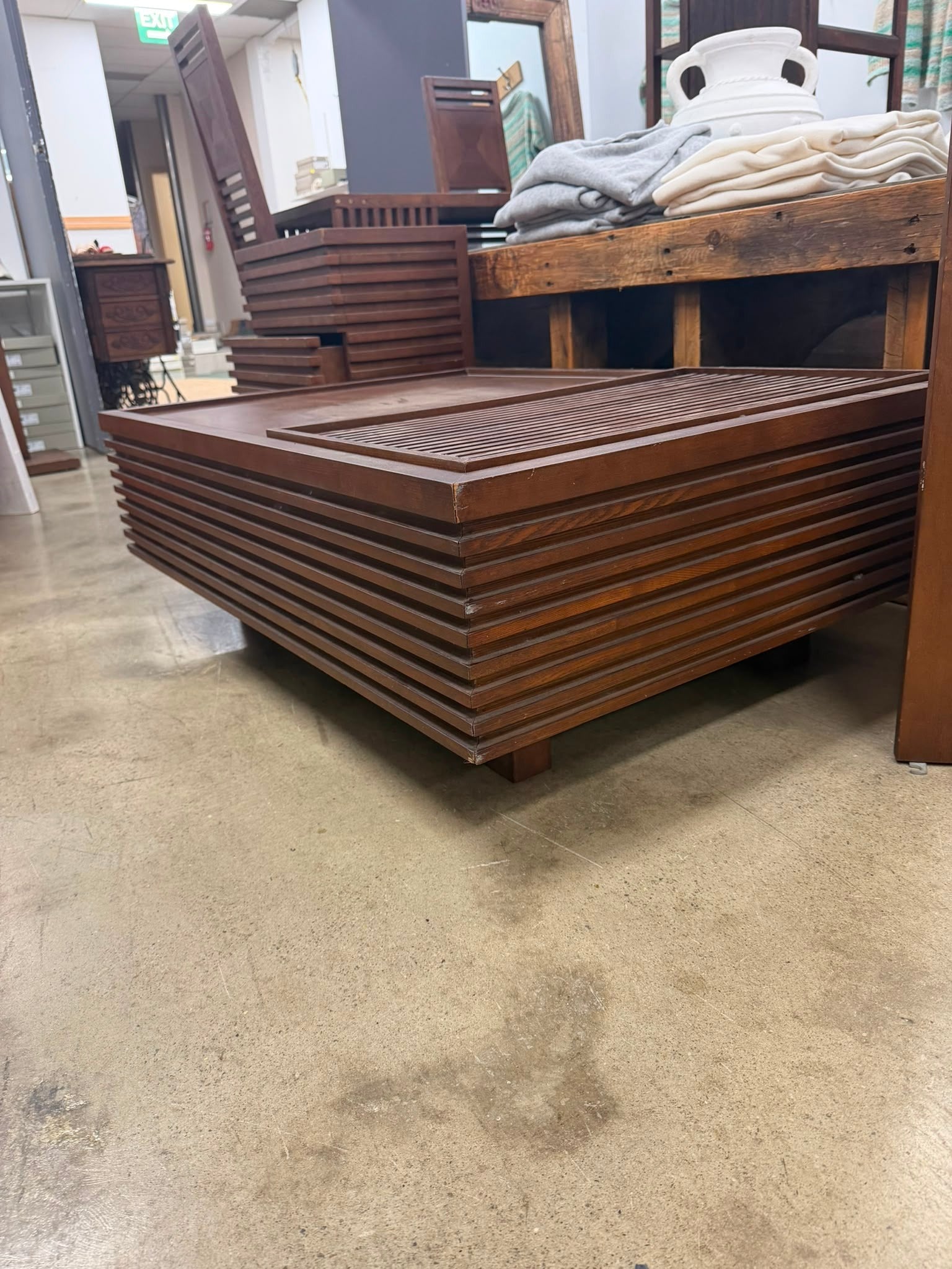 Crate & Barrel Slat Coffee Table with Sliding Storage Brown - Image 4