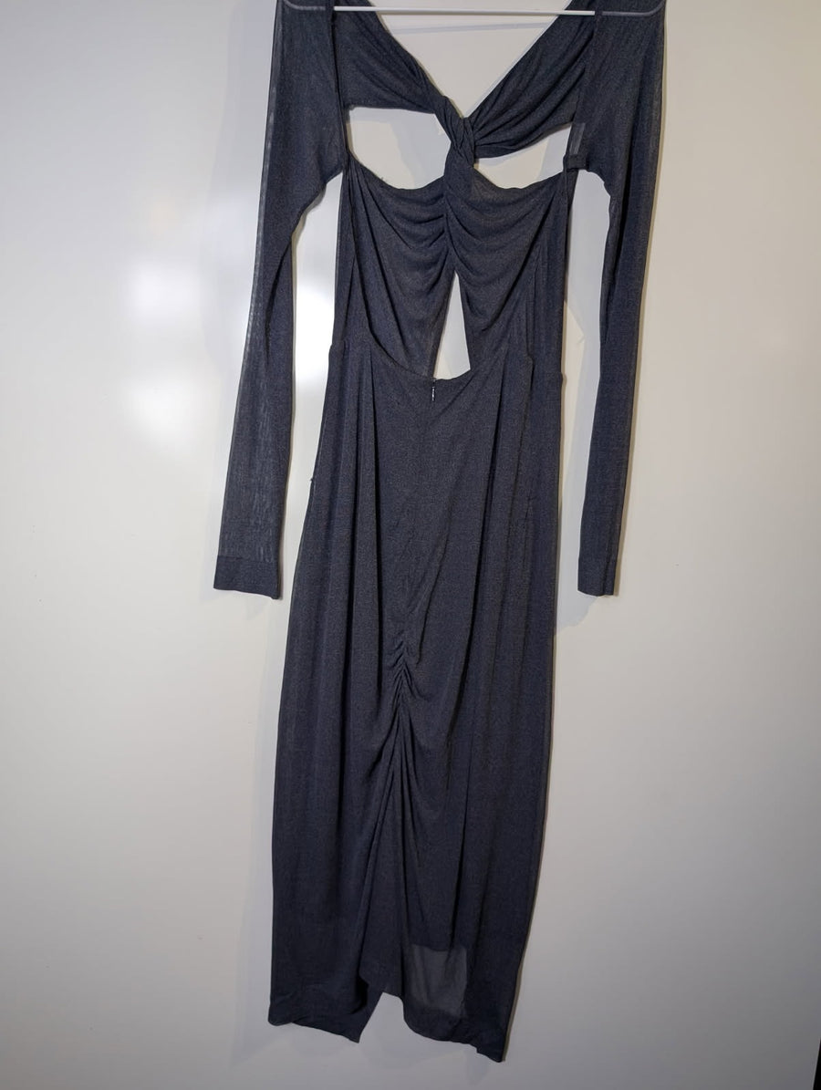 Dion Lee Mesh Ruched Cut-Out Long Sleeve Midi Dress Charcoal Grey AUS 8 - Image 4