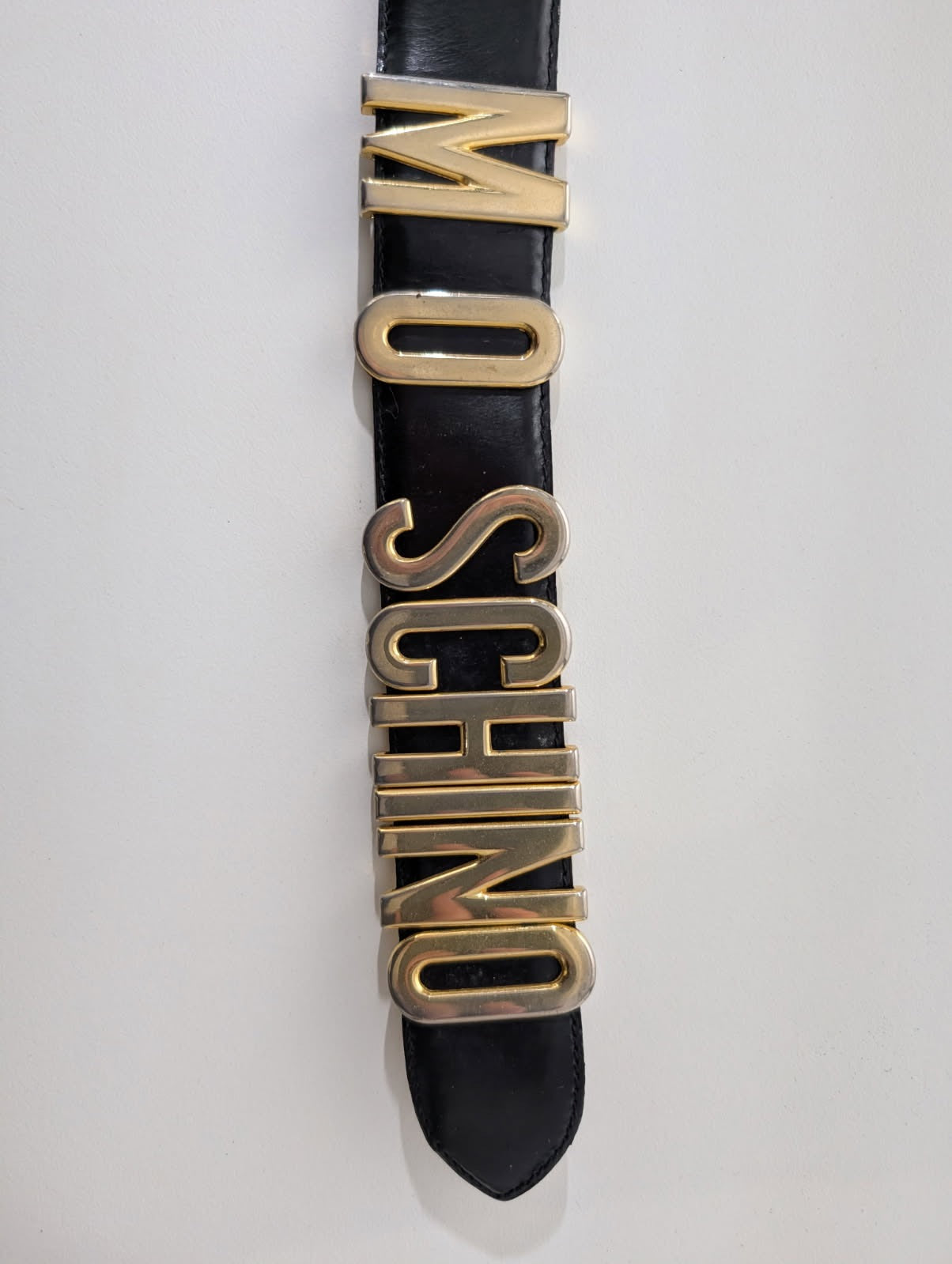 Vintage Moschino Gold Letter Logo Belt - Black Leather Made In Italy - Image 4