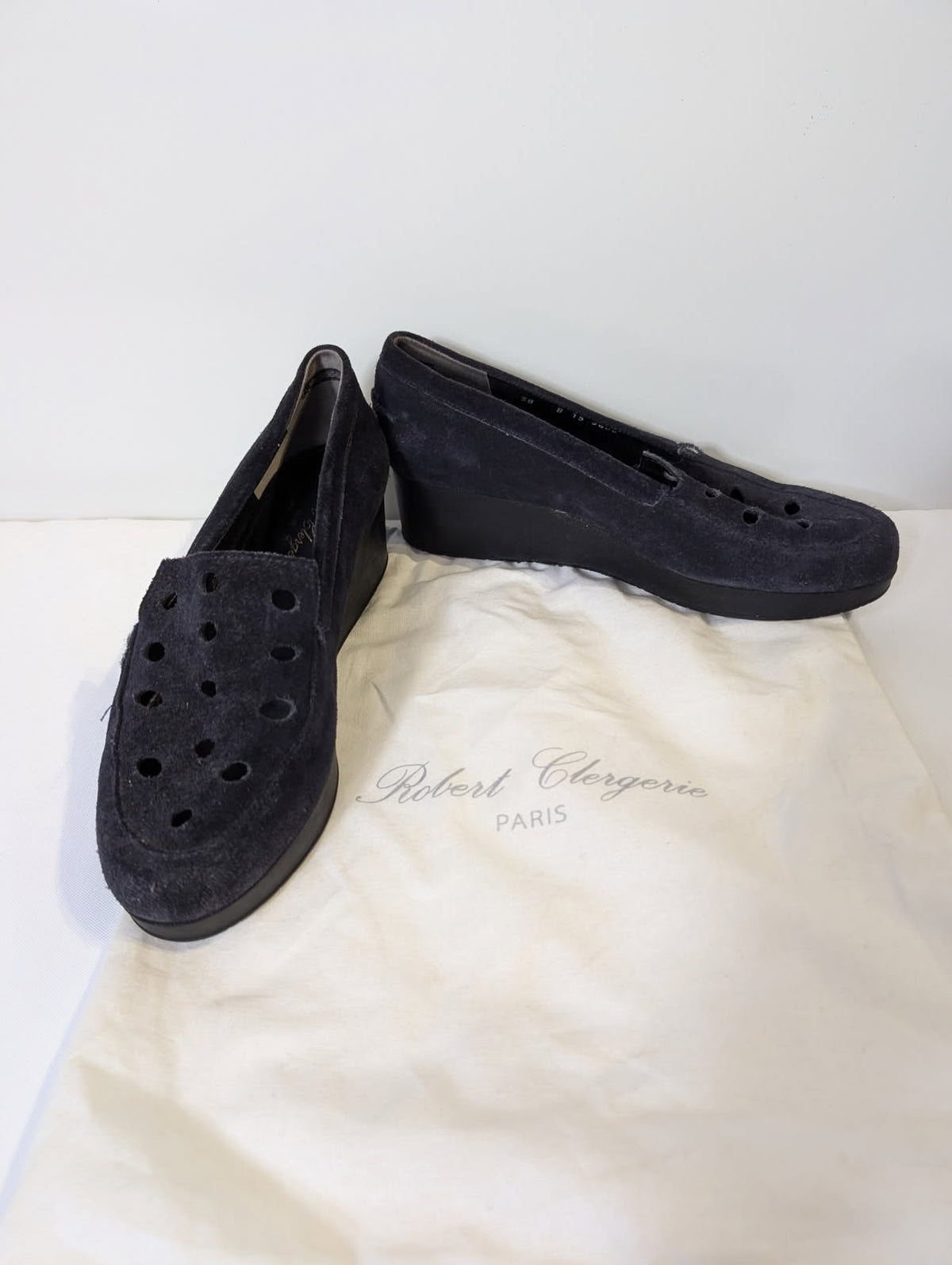 Robert Clergerie Suede Wedge Loafers Navy Perforated EU 38