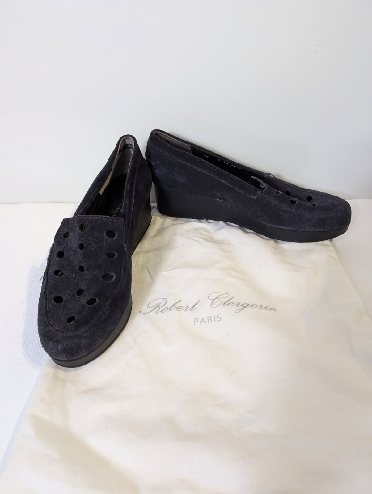 Robert Clergerie Suede Wedge Loafers Navy Perforated EU 38 - Image 1