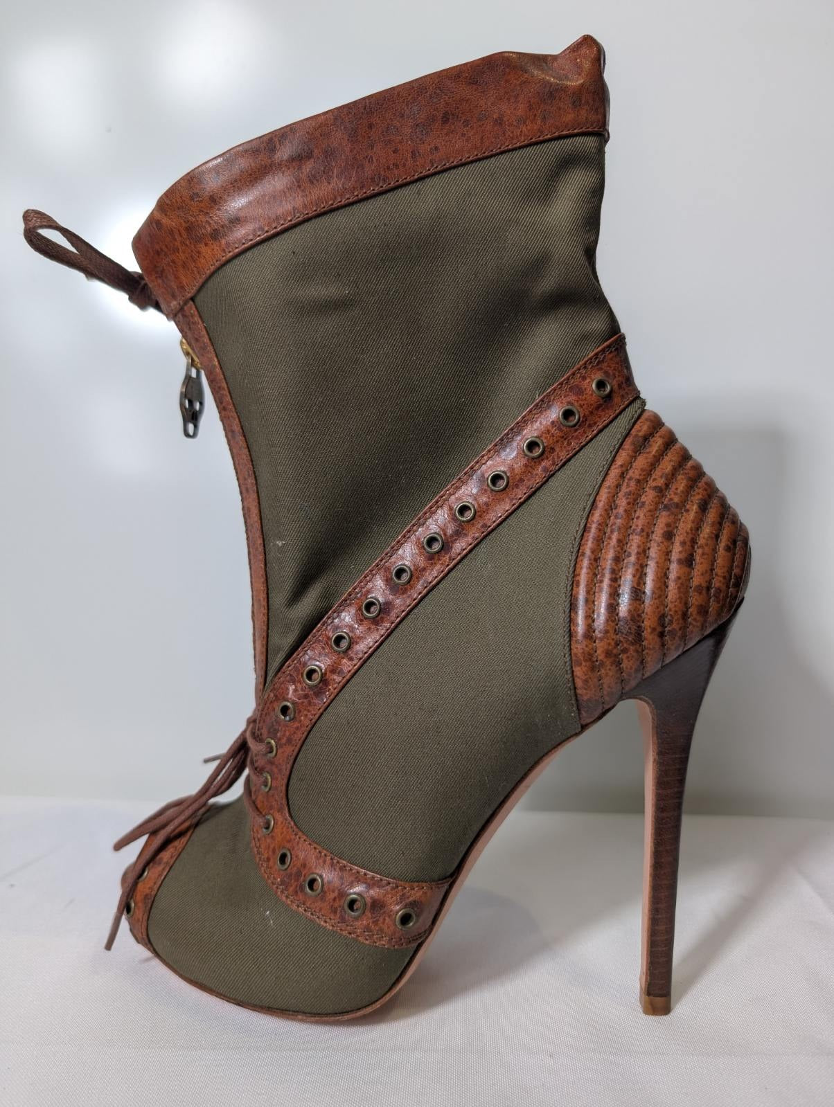 Alexander McQueen Khaki Canvas & Brown Leather Peep Toe Skull Zip Boots - Image 5