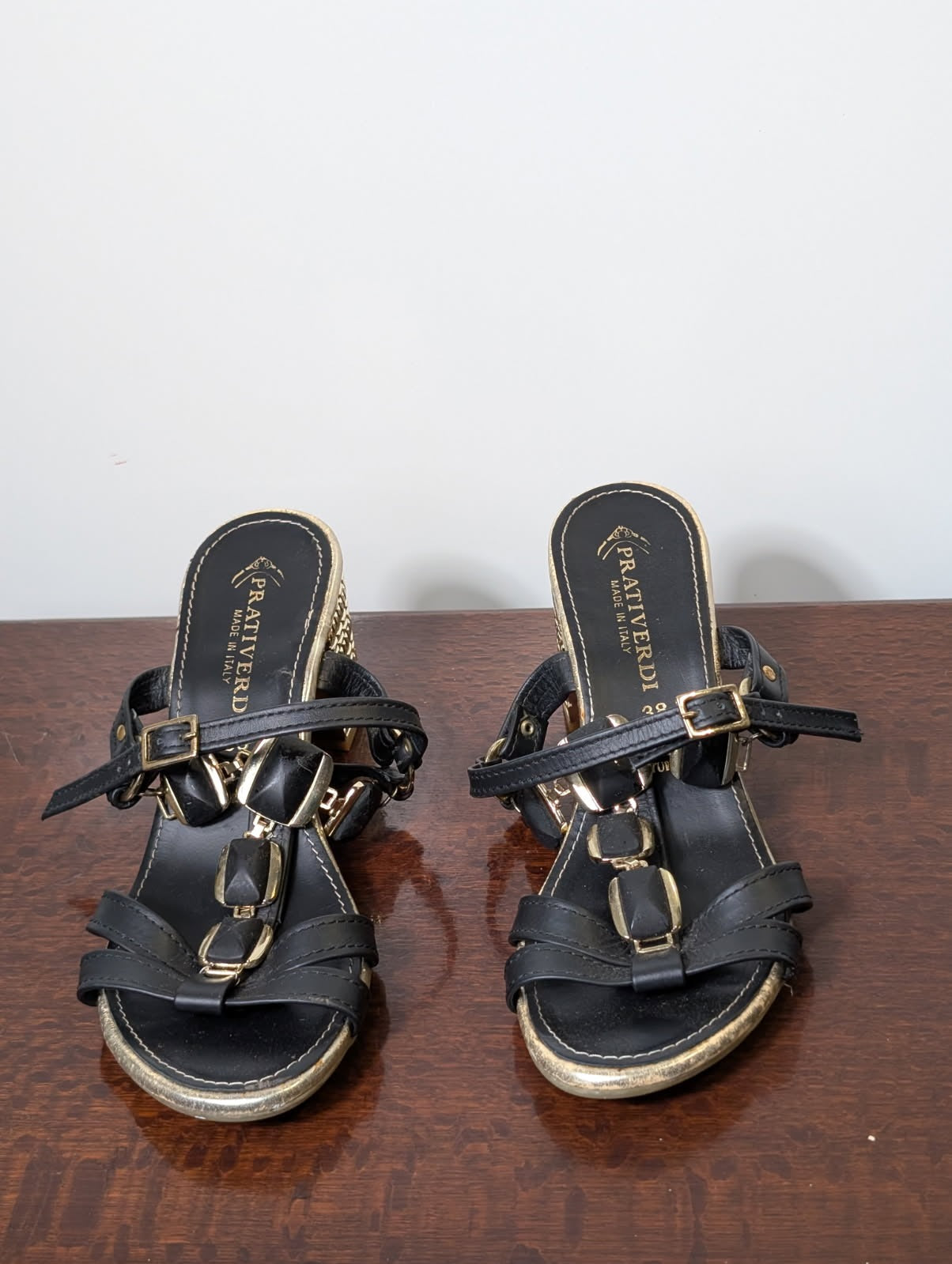 Prativerdi Leather Block Heel Sandals Black Gold EU 38 - Image 2