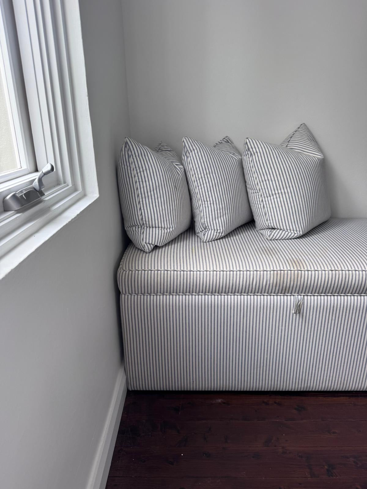 Custom Upholstered Storage Ottoman Bench - Blue & White Stripe - Image 5