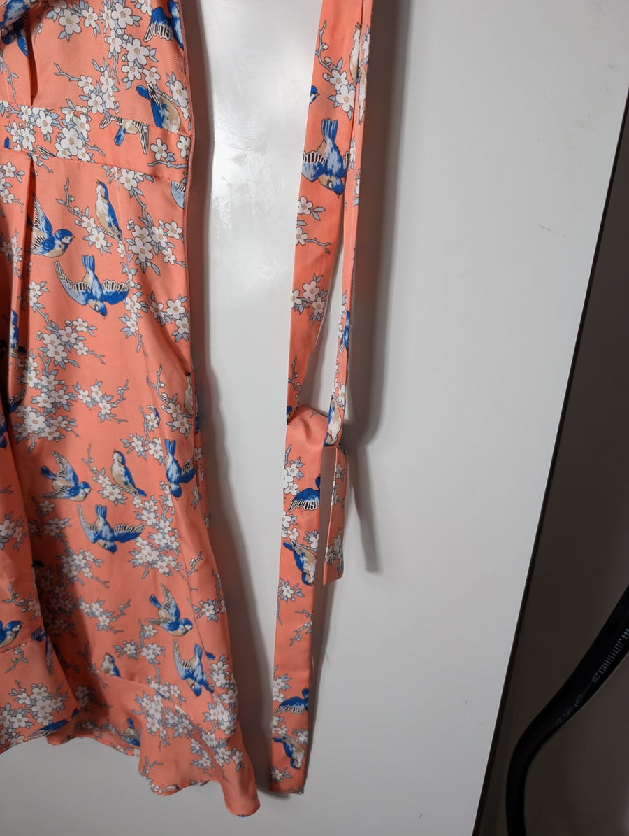 ModCloth Fleurette Wrap Dress Peach Bird Floral Size 14 - Image 4