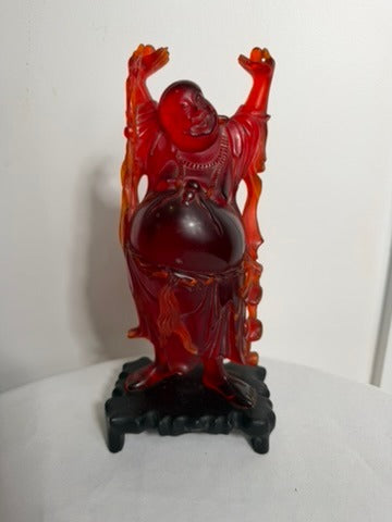 Vintage Chinese Red Resin Laughing Buddha Figurine with Stand - Image 2
