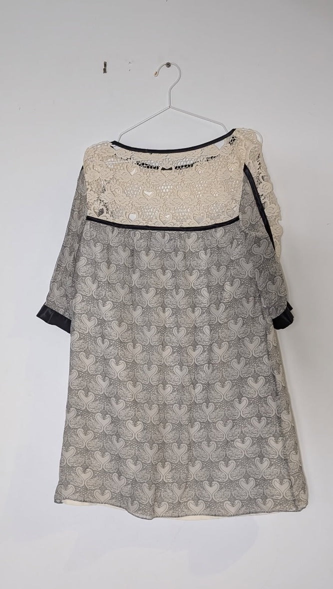 Disaya Silk Chiffon Dress - Cream & Grey Swan Print UK 12 - Image 2