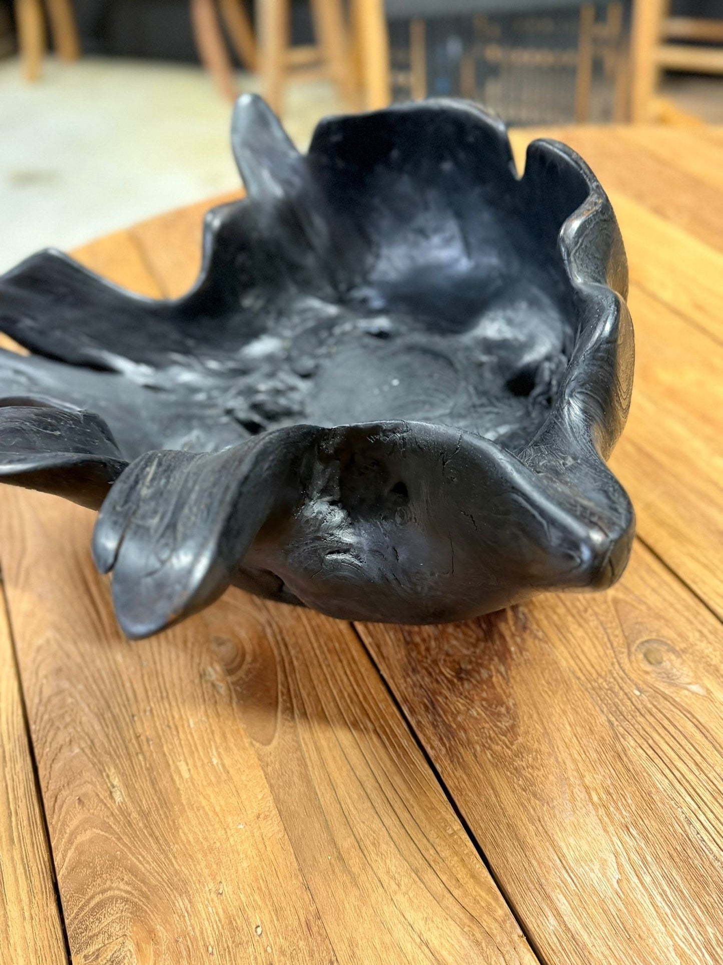 Hand-Carved Teak Root Bowl Black Stained Sculptural Piece - Image 4