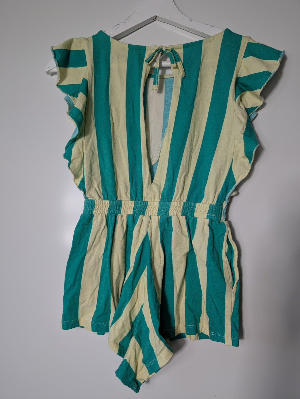 FEATHER/DRUM Striped Ruffle Sleeve Romper Teal & Cream Size 10 - Image 4