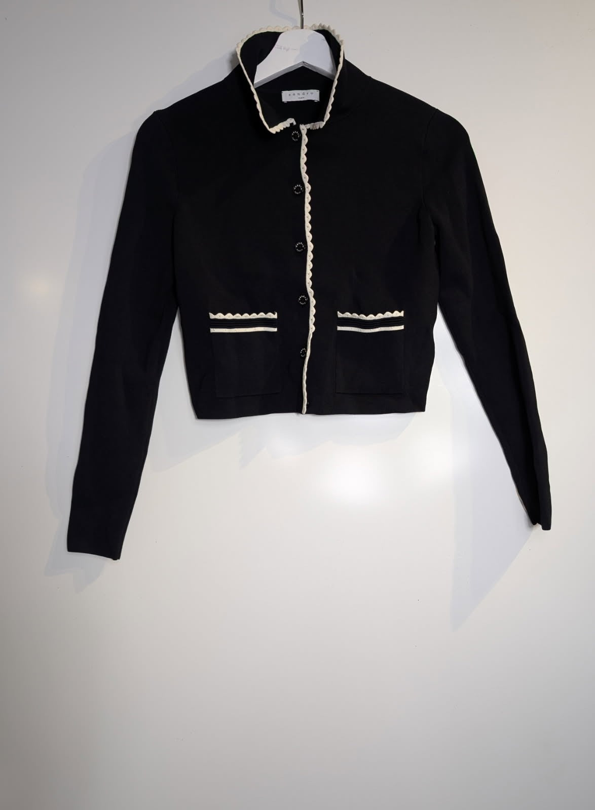 Sandro Paris Cardigan Black Scalloped Trim Button-Up - Image 4