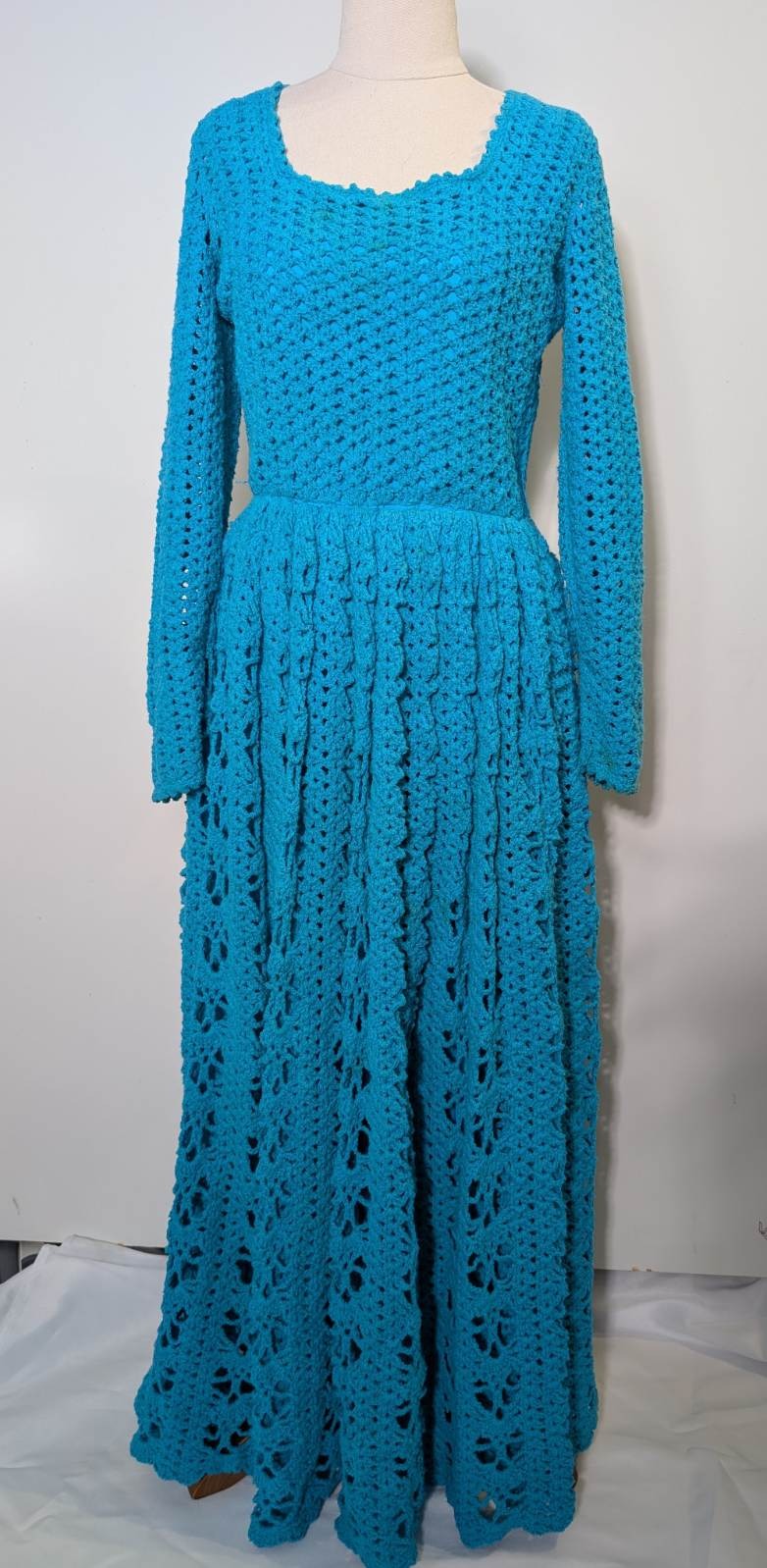Vintage Handmade Crochet Maxi Dress - Vibrant Blue Long Sleeve - Image 4