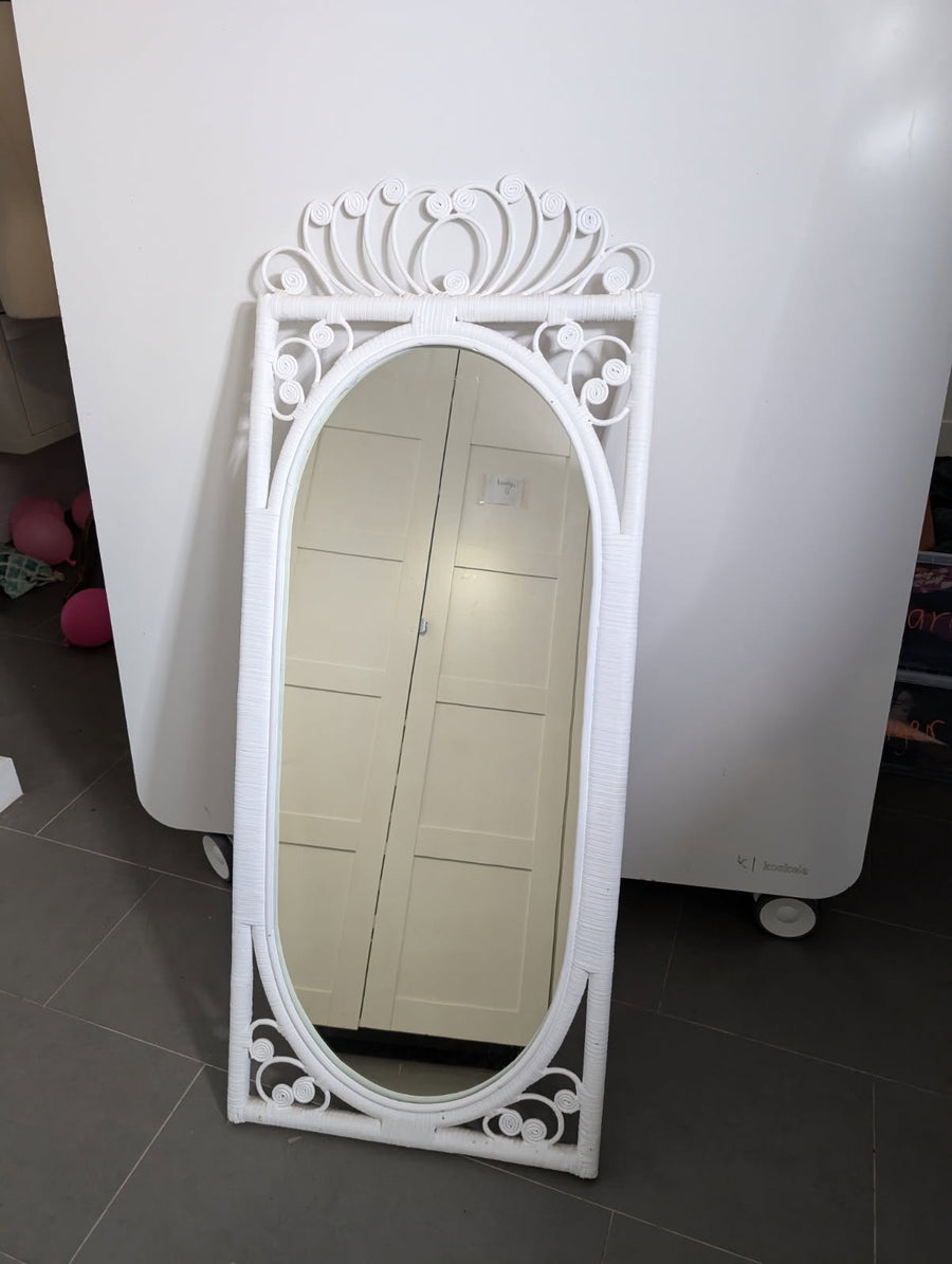 Vintage Wicker Rattan Oval Wall Mirror White Scrollwork Detail - Image 4