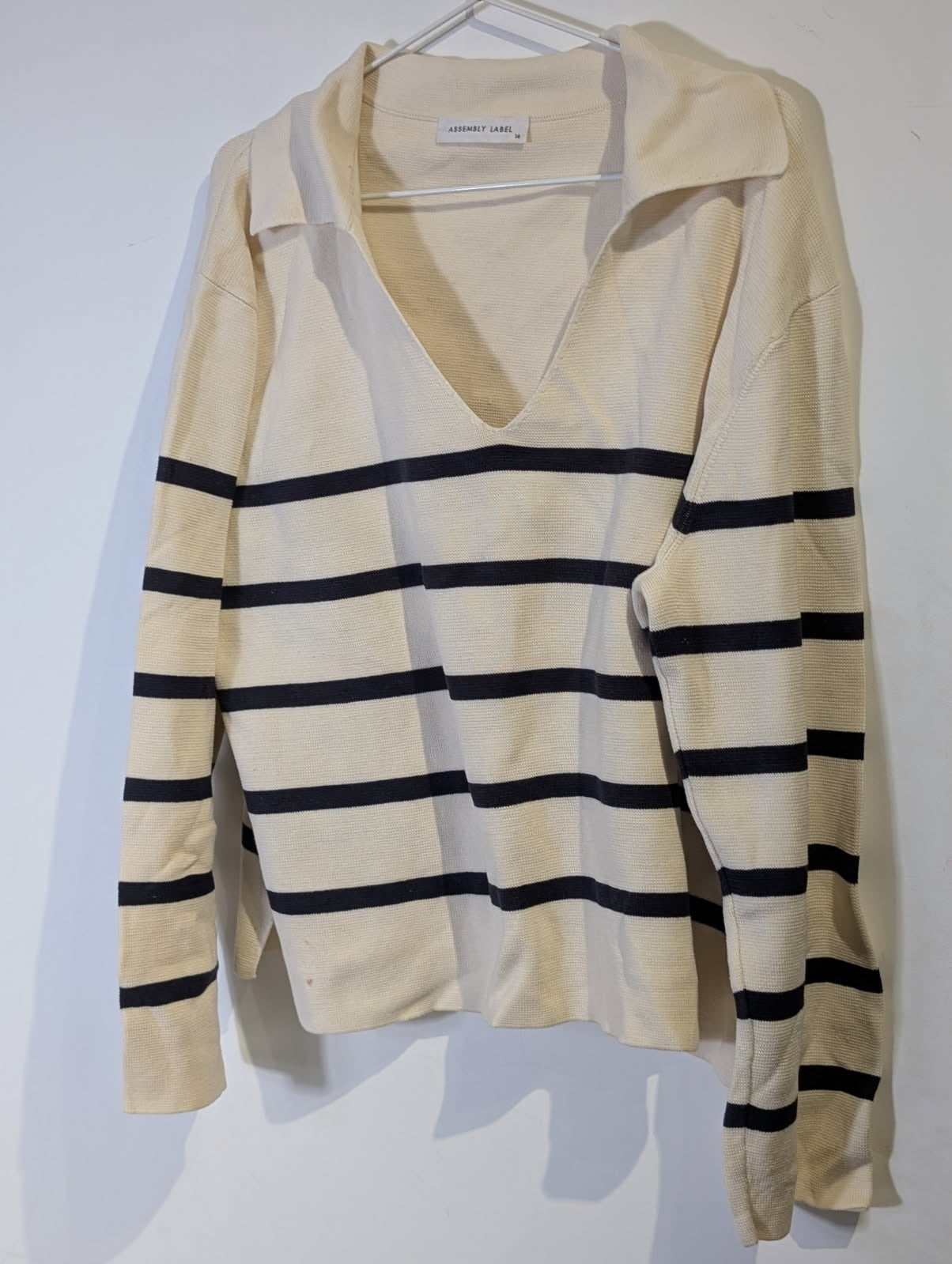 Assembly Label Striped Boat Neck Sweater - Cream & Navy Cotton - Image 4