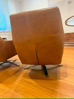 West Elm Mid-Century Show Wood Swivel Chairs Tan Leather Pair - Image 4