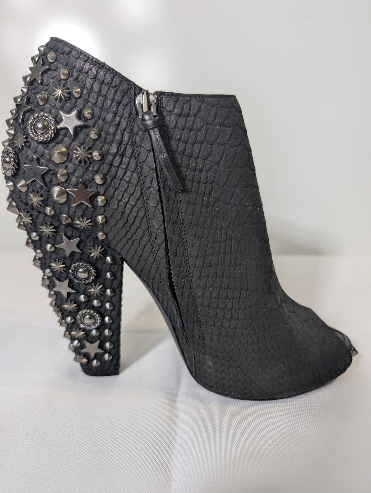 Givenchy Black Snakeskin Embossed Peep Toe Studded Ankle Boots - Image 4