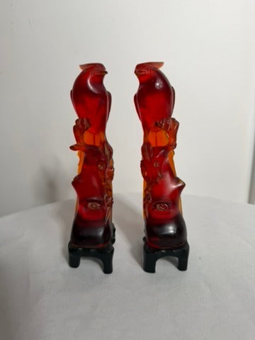 Vintage Chinese Carved Red Resin Parrot Figurines - Pair on Stands - Image 4