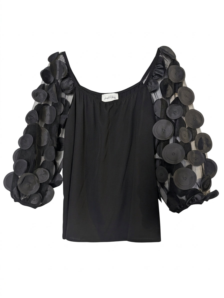 Joseph Ribkoff Black Mesh Sleeve Blouse with Circular Appliqué - Image 1