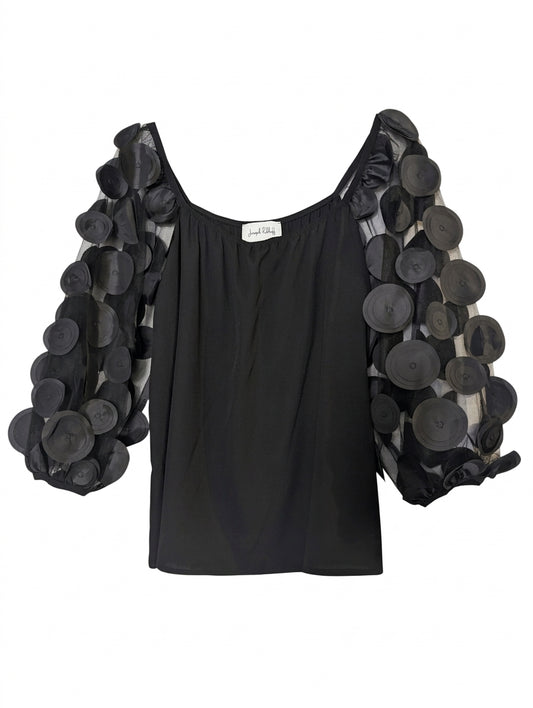 Joseph Ribkoff Black Mesh Sleeve Blouse with Circular Appliqué - Image 1