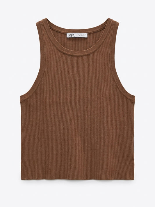 Zara Ribbed Knit Tank Top Brown Women's Large - Image 1
