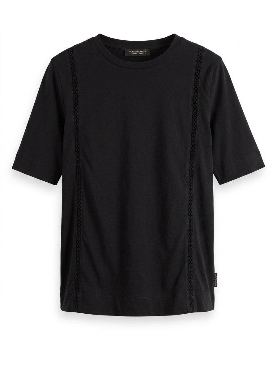 Scotch & Soda Maison Scotch Cotton T-Shirt with Eyelet Trim Black - Image 1