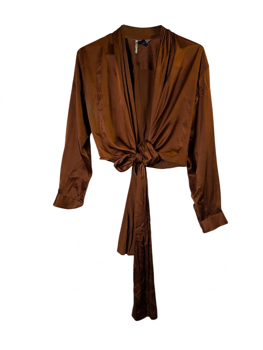 Pinky & Dianne Silk Tie-Front Blouse Brown - Image 1